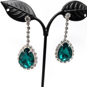 Vintage Green Rhinestone Drop Earrings, Clear Crystal, 1990s Statement Jewelry